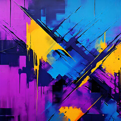 Abstract grungy and geometric artwork with retro vibe colors of purple, blue, yellow and red