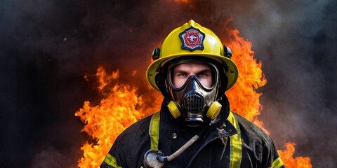 Firefighter with a gas mask on his face. Firefighter with a gas mask.