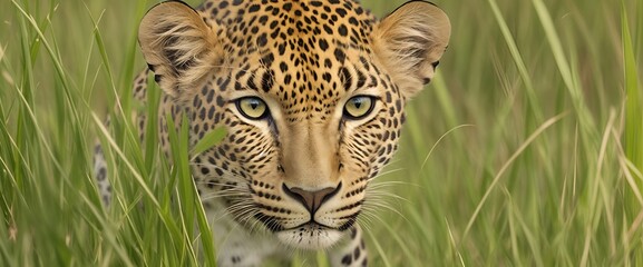 Curious leopard hiding in tall grass, peering out with intense eyes.