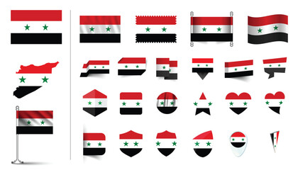 set of Syria flag, flat Icon set vector illustration. collection of national symbols on various objects and state signs. flag button, waving, 3d rendering symbols, and flag on map symbols