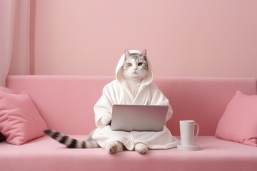 relaxed cat holds a laptop in his hands on a pastel color background