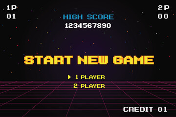 START NEW GAME play .pixel art .8 bit game. retro game. for game assets in vector illustrations.