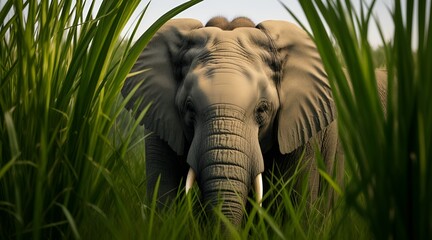 Behold the grandeur of a large elephant, its inquisitive eyes peeking through the lush green grass. - obrazy, fototapety, plakaty