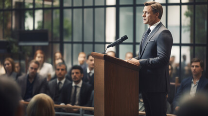 Businessman speaking from behind a podium to a group of people in an office space - obrazy, fototapety, plakaty