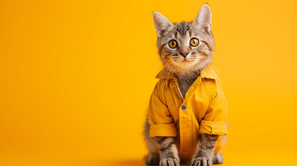 cute cat wearing a yellow shirt on a yellow background with copy space - obrazy, fototapety, plakaty