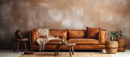 A living room with a brown leather couch, hardwood flooring, and a brown wall in a house with art decor and a window