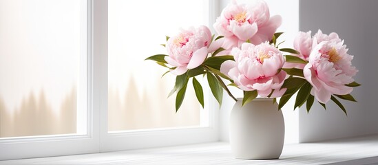 A vase containing beautiful pink flowers is placed on a window sill with natural light shining through the glass