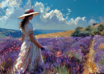 Lady with hat standing by lavender’s field ,  For wall art, digital art, home decor , background and wallpaper