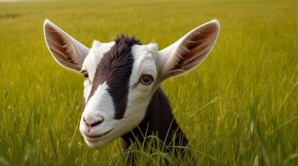 Behind a patch of tall grass, a goat with inquisitive eyes stands, blending seamlessly with nature.