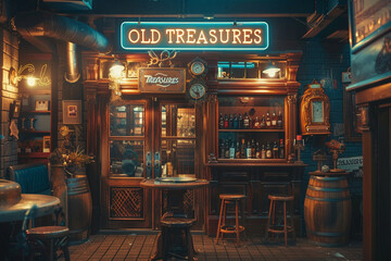 A vintage and nostalgic antique store with a brown and gold exterior and a sign that says "OLD TREASURES"