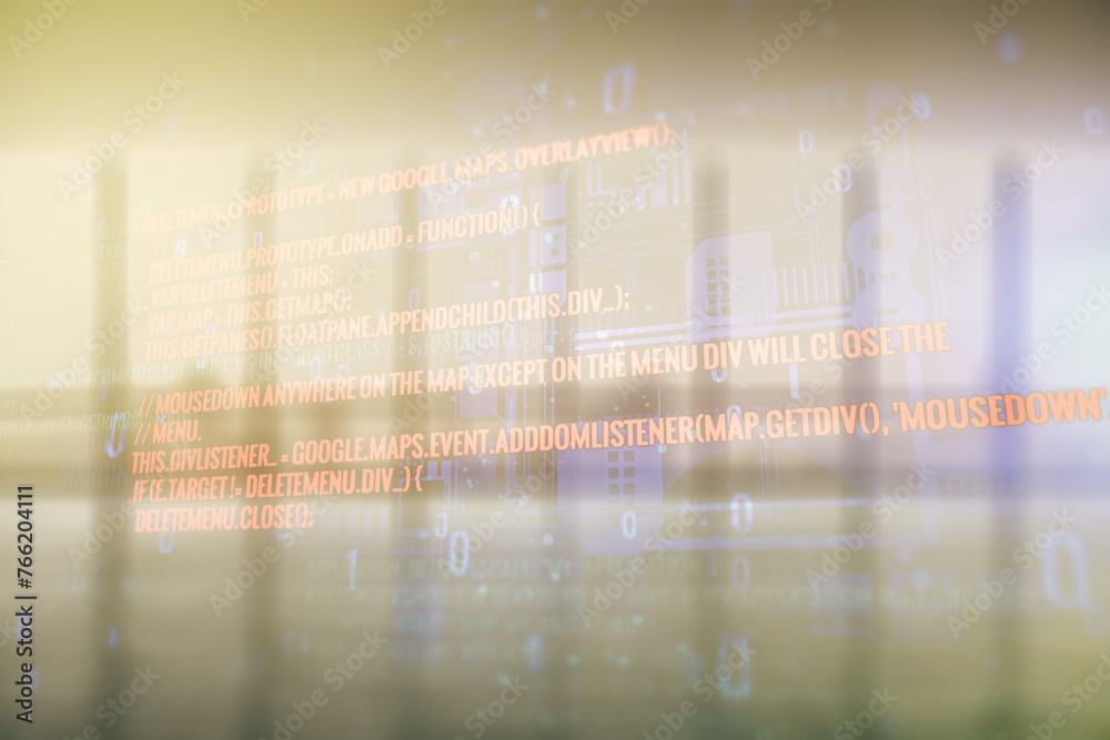Poster multi exposure of abstract graphic coding sketch on modern interior background, big data and network