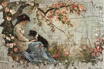 Lady’s with dog in vintage style painting with garden and flower,  For wall art, digital art, home decor , background and wallpaper - obrazy, fototapety, plakaty