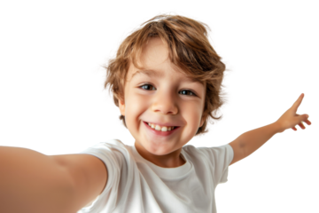 Portrait of cute little kid taking selfie posing with smile and attractive focus look, isolated on transparent png background.