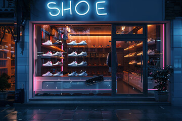 A white and black shoe store with a large glass window and a neon sign that says 