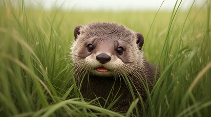 A curious otter peeking out from behind tall grass, looking directly at the camera in a field.