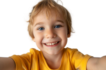 Portrait of cute little kid taking selfie posing with smile and attractive focus look, isolated on transparent png background.