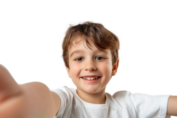 Portrait of cute little kid taking selfie posing with smile and attractive focus look, isolated on transparent png background.