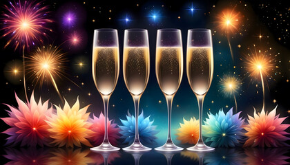 Blumen, Champagner, Feuerwerk, Nacht, Fest, Ausgang, Party, Nacht, Feier