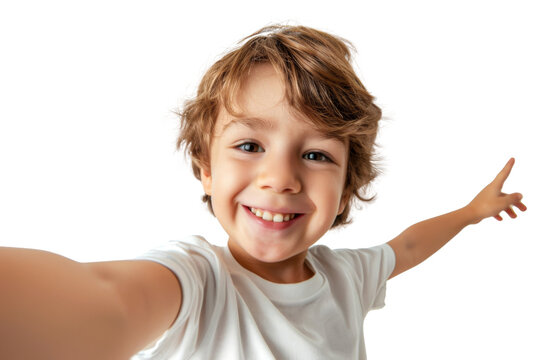 Naklejki Portrait of cute little kid taking selfie posing with smile and attractive focus look, isolated on transparent png background.
