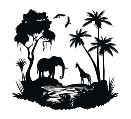 jungle with animal vector silhouette EPS