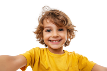 Portrait of cute little kid taking selfie posing with smile and attractive focus look, isolated on transparent png background.