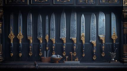 A gleaming set of kitchen knives stands at attention, poised to tackle culinary challenges with precision and grace.