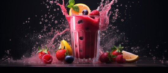 A visually stunning display of a glass of smoothie featuring strawberries, blueberries, lemon slices, and mint leaves splashing out of it, showcasing the artistry of cuisine and vibrant magenta hues