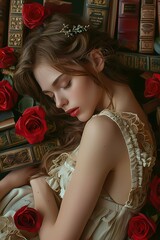 Gorgeous Woman sleeping with red roses by her side, pale skin ,  For wall art, digital art, home decor , background and wallpaper