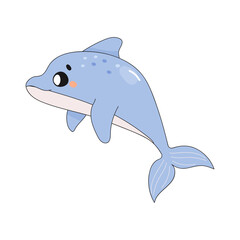 cute dolphin, t-shirt print, childrens poster, on white background. Underwater world with seaweed.