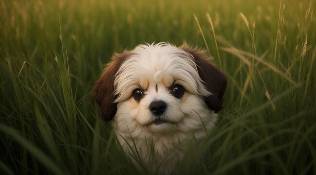 A small dog stands confidently amidst tall grass, its curious eyes scanning the surroundings for new discoveries.