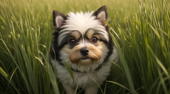 With a playful glint in its eyes, a small dog emerges from behind tall grass, ready to explore the world.