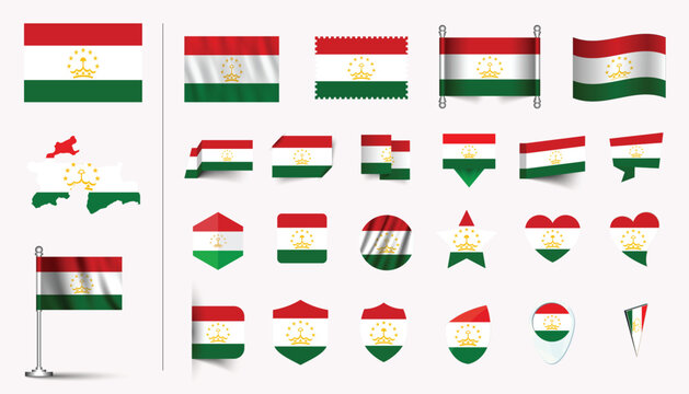 set of Tajikistan flag, flat Icon set vector illustration. collection of national symbols on various objects and state signs. flag button, waving, 3d rendering symbols, and flag on map symbols