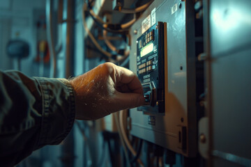 A close-up shot of an electrician hand, flipping the switch of a circuit breaker in an apartment. - obrazy, fototapety, plakaty