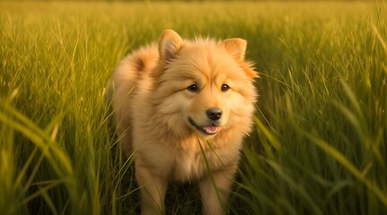 Behind a patch of tall grass, a golden retriever puppy sits, its eyes gleaming with curiosity and playfulness.