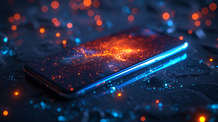 A sleek smartphone rests on the surface, its screen glowing with infinite possibilities.
