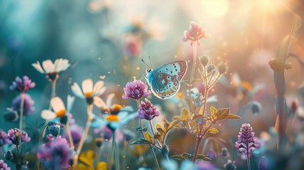 Fototapeta na wymiar Beautiful wild flowers chamomile, purple wild peas, butterfly in morning haze in nature close-up macro. Landscape wide format, copy space, cool blue tones. Delightful pastoral airy artistic image.