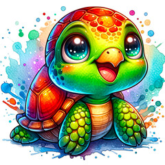 Fototapeta premium An illustration of Cartoon turtle with a friendly smile, rendered in watercolor style.