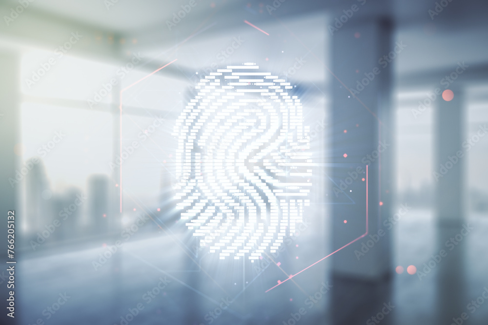 Poster multi exposure of virtual creative fingerprint hologram on empty corporate office background, person