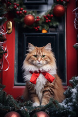 Cat on Christmas door background. Happy new year backdrop. Celebrating winter holidays card.