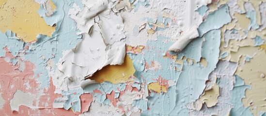 A detailed shot showcasing the texture of a weathered facade with watercolorlike patterns created by the peeling paint, resembling a world map