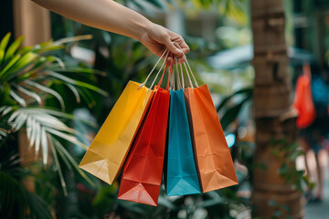 Crop hand holding shopping bags - obrazy, fototapety, plakaty