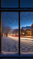 A window with snowflakes on it and a house in the background