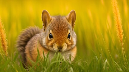 Curious squirrel with big eyes, peering out from behind tall grass.