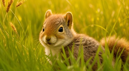 A small squirrel with inquisitive eyes, hiding behind tall grass.