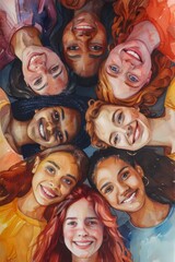 Fototapeta premium A diverse group of young women happily posing together, showing unity and positivity, in a vibrant watercolor design on a plain white backdrop, symbolizing the beauty of diversity.