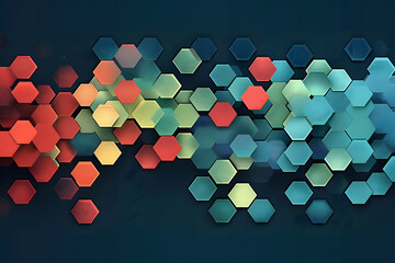 symmetrical stream of pastel green, red, and blue hexagons from left to right in the middle of a navy blue background