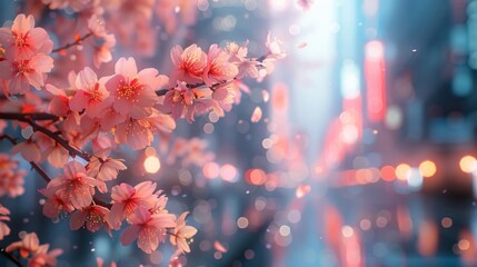 The cherry blossom festival took place in a modern metropolis filled with glowing neon lights and advanced technology. - obrazy, fototapety, plakaty