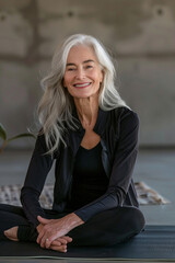 an elderly woman does yoga