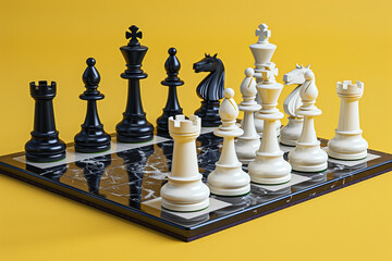 A chess board with black and white pieces arranged in a checkmate position on yellow solid background.