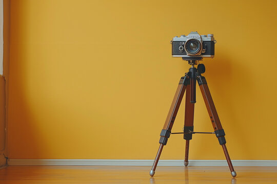 A camera with a tripod and a photo album on yellow solid background.